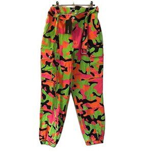FASHION NOVA Neon Cargo Camouflage Pants Green Pink Orange Black W/ Belt, XL